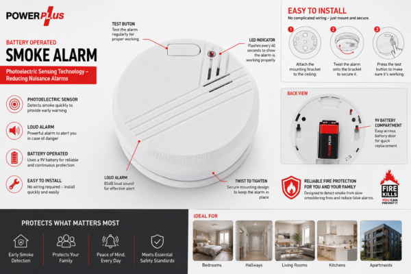 powerplus battery operated smoke alarm – photoelectric fire detector for homes & apartments