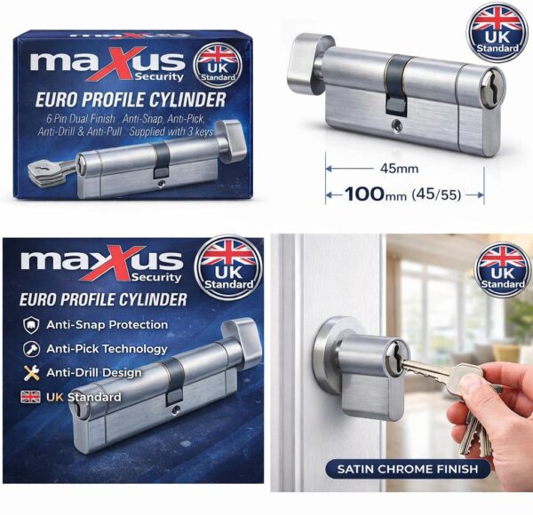 Maxus Security Euro Profile Thumb Turn Cylinder Lock 100mm (45/55) – Satin Chrome