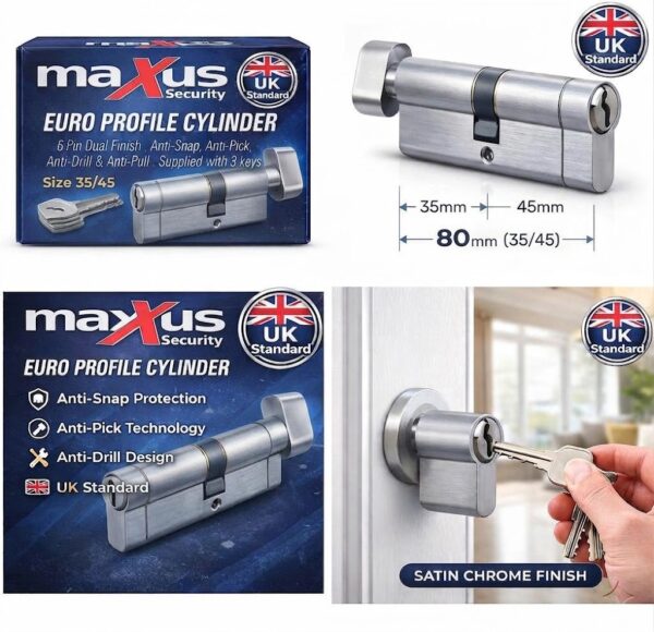 Maxus Security Euro Profile Thumb Turn Cylinder Lock 80mm (35/45) – Satin Chrome