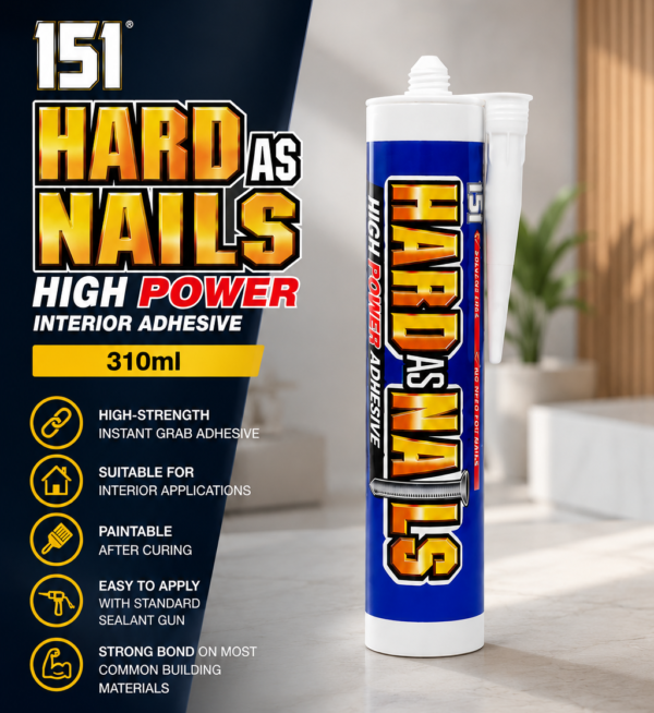 151 Hard As Nails High Power Interior Adhesive 310ml, 151 Hard As Nails Adhesive, High Power Interior Adhesive, Interior Grab Adhesive, Grab Adhesive 310ml, High Strength Adhesive, Construction Adhesive, Instant Grab Adhesive, Paintable Adhesive, DIY Adhesive, Professional Adhesive, Skirting Board Adhesive, Wall Panel Adhesive, Plasterboard Adhesive, Coving Adhesive, Trim Adhesive, Wood Adhesive, Brick Adhesive, Ceramic Adhesive, Interior Construction Adhesive, Strong Hold Adhesive, Building Adhesive Cartridge, White Grab Adhesive, Multi Purpose Interior Adhesive, Home Improvement Adhesive, Interior Bonding Adhesive, Hard As Nails Construction Adhesive, Sealant Gun Adhesive, Decorative Moulding Adhesive, Strong Interior Adhesive
