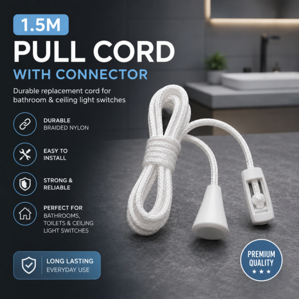 1.5m pull cord with connector, bathroom pull cord replacement, ceiling light switch pull cord, white braided nylon pull cord, bathroom light pull cord, ceiling switch replacement cord, durable pull cord with connector, premium bathroom pull string, 1.5 metre light switch cord, white replacement pull cord, bathroom ceiling light cord, nylon pull string with connector, easy install pull cord, ceiling light pull string replacement, bathroom switch cord replacement, strong braided pull cord, long lasting pull cord, white ceiling switch cord, bathroom light switch accessory, replacement pull cord for ceiling lights, pull cord connector replacement, bathroom pull switch cord, home electrical accessory, durable nylon pull string, ceiling light cord replacement, premium quality pull cord, white pull cord for bathroom, braided replacement cord, pull cord for toilet light switch, universal ceiling light pull cord